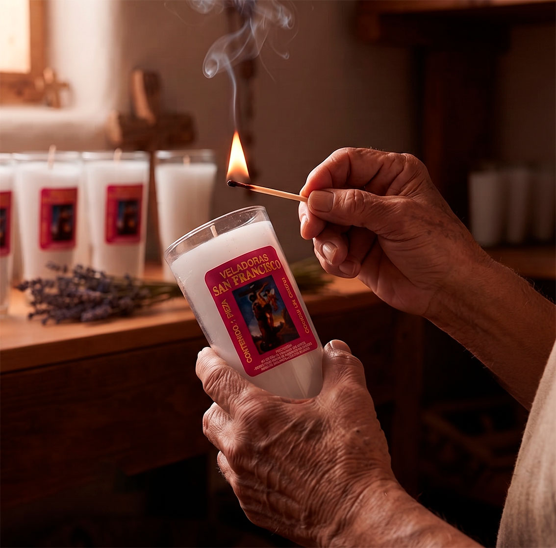 Manos encendiendo con un fósforo una veladora San Francisco sobre una mesa de madera con lavanda